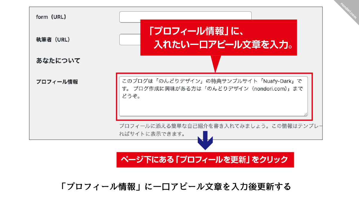 「プロフィール情報」に一口アピール文章を入力後更新する